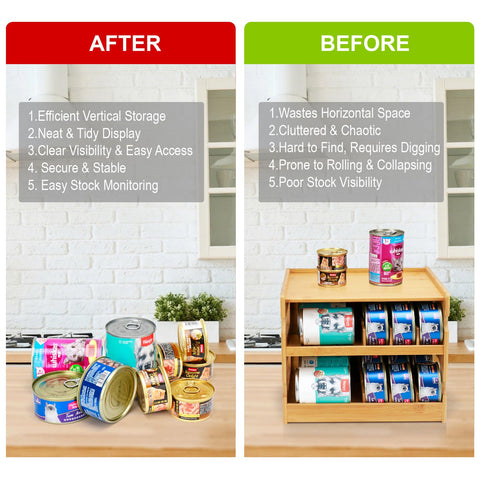 Plitttpetts bamboo can organizer with clear windows shows can status at a glance.