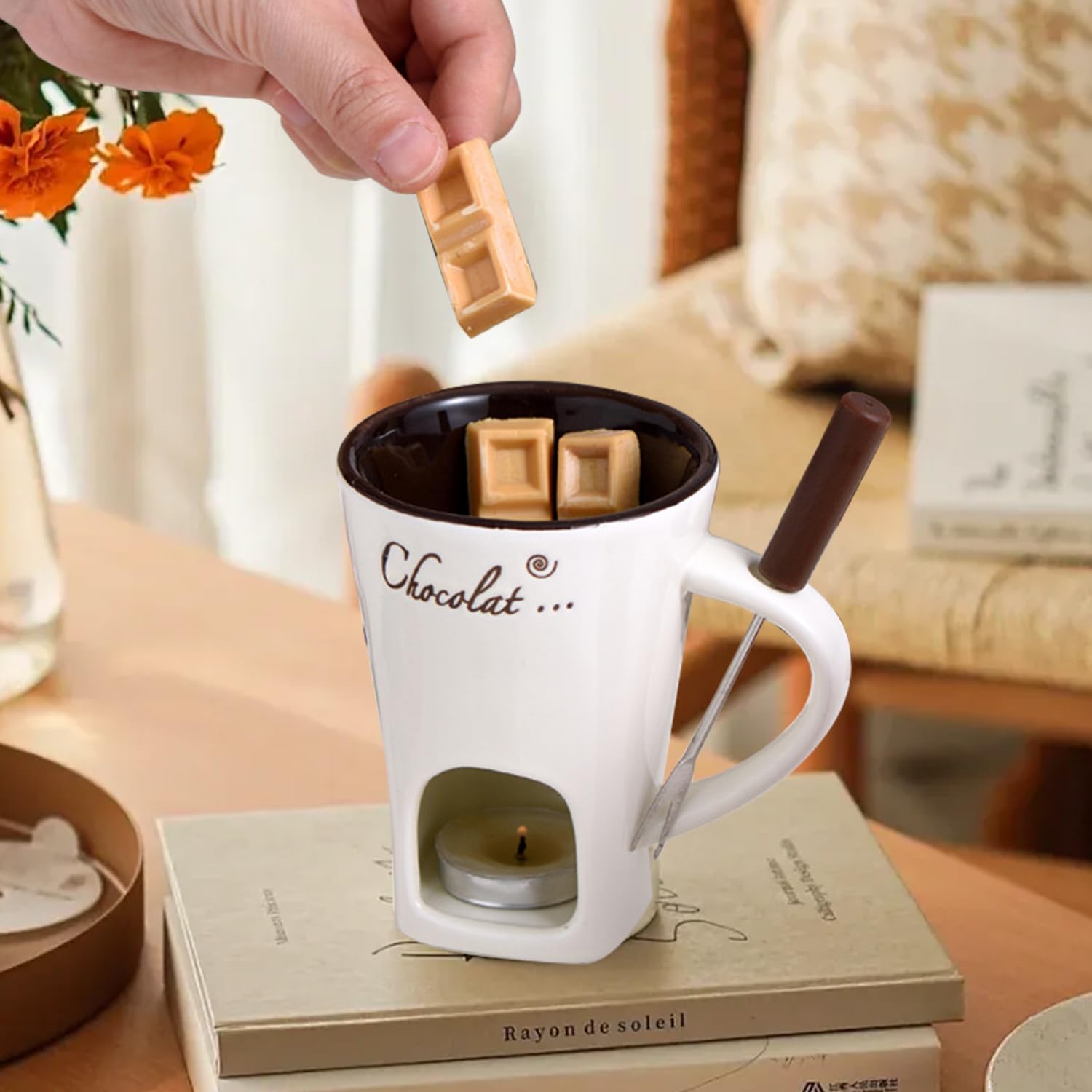 Ploreatu Chocolate Melting Cup Mug with forks, durable ceramic for melty desserts.