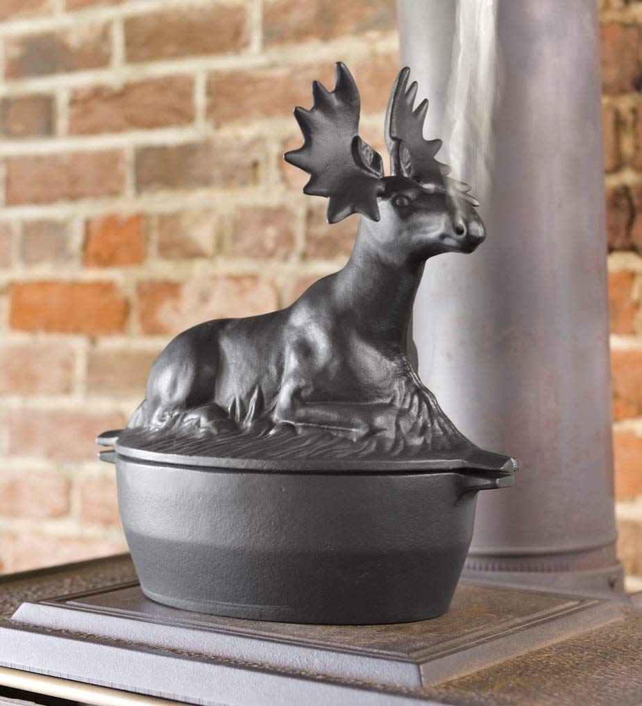 Plow & Hearth Moose Wood Stove Steamer top-fill view demonstrates quiet humidification for rooms.