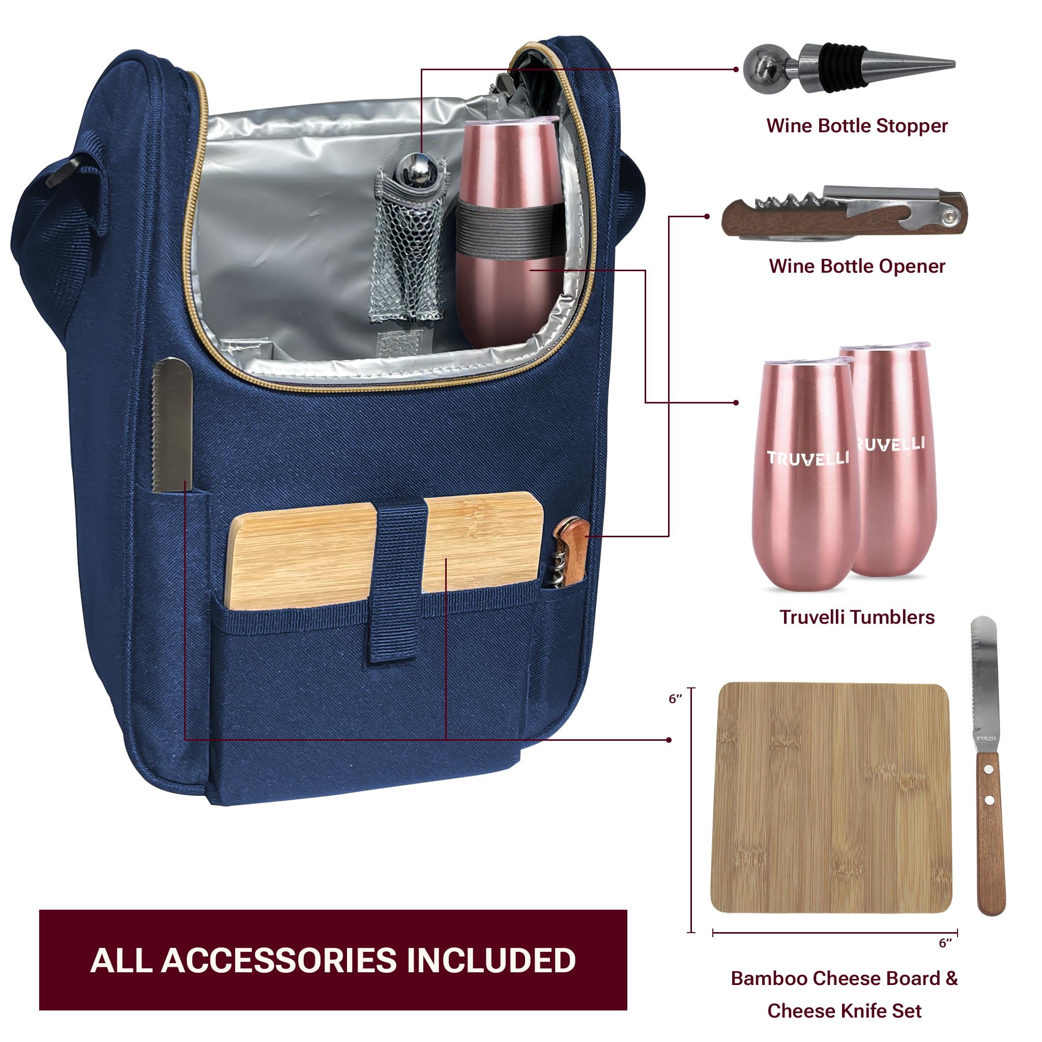 Truvelli Plush Picnic wine bag includes accessories compartment for organized packing.