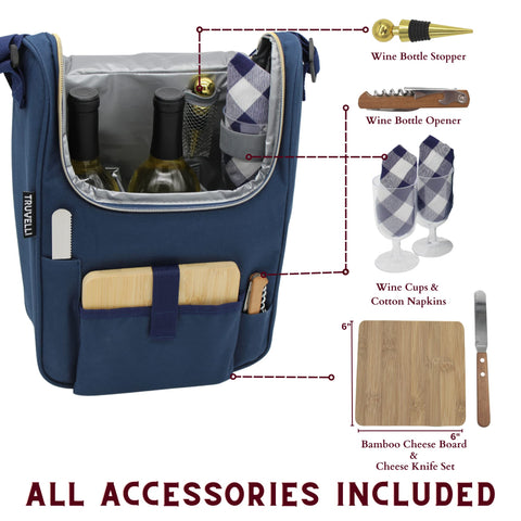 Truvelli Plush Picnic wine bag two-bottle capacity with cheese and snacks setup.