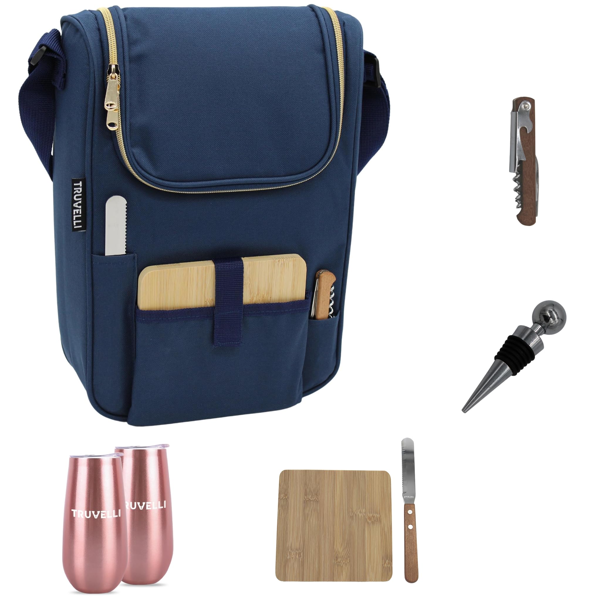 Truvelli Plush Picnic wine bag exterior showing dual-bottle capacity for travel.