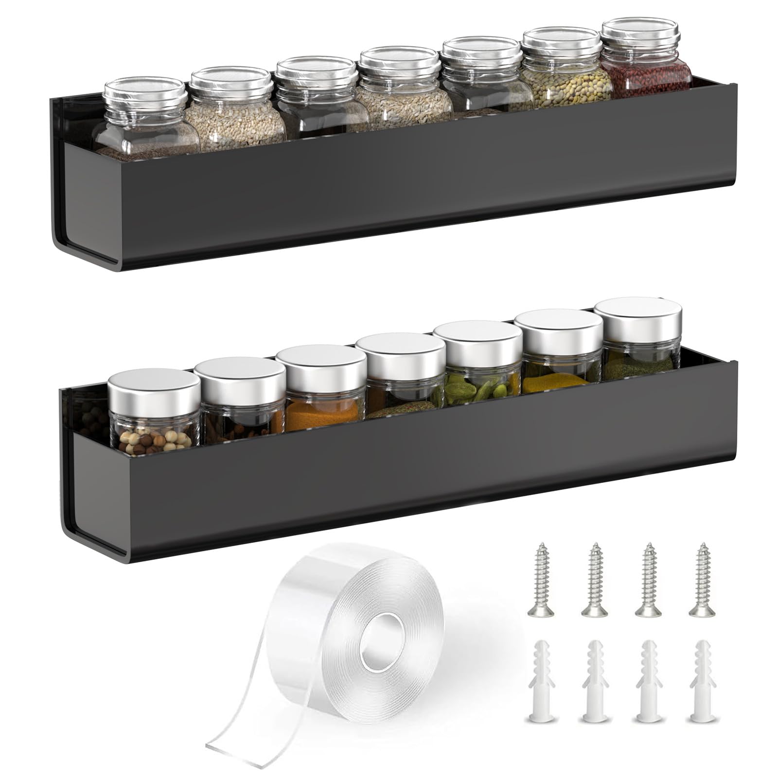 PMMASTO adhesive spice rack wall mount with black finish and clear acrylic for easy spice access