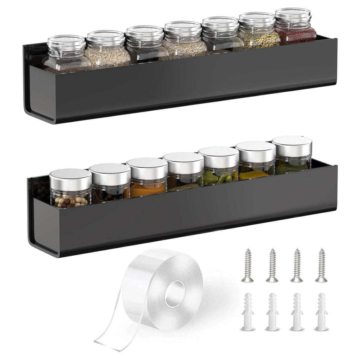 PMMASTO adhesive spice rack wall mount with black finish and clear acrylic for easy spice access