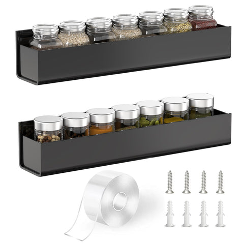PMMASTO adhesive spice rack wall mount with black finish and clear acrylic for easy spice access