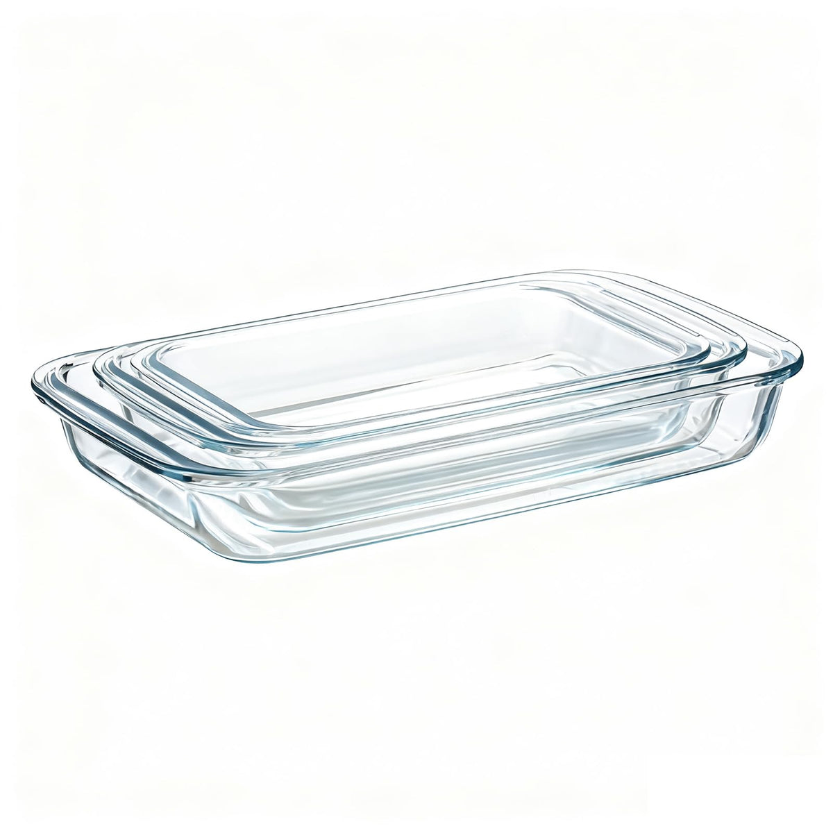 Pmssypl 3-piece glass bakeware set stacked for compact storage.