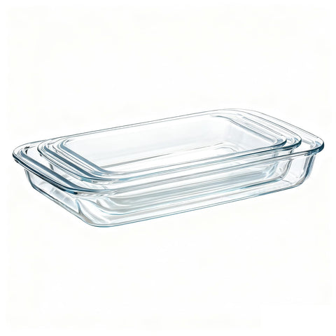 Pmssypl 3-piece glass bakeware set stacked for compact storage.