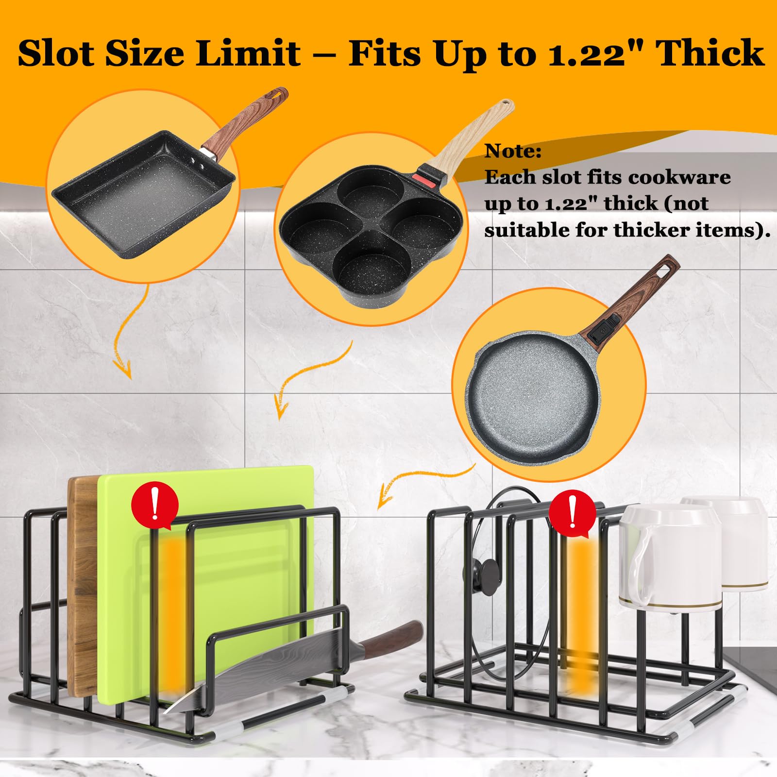 PMYEK 2-pack pot lid holder 5-slot storing lids securely for quick reach.