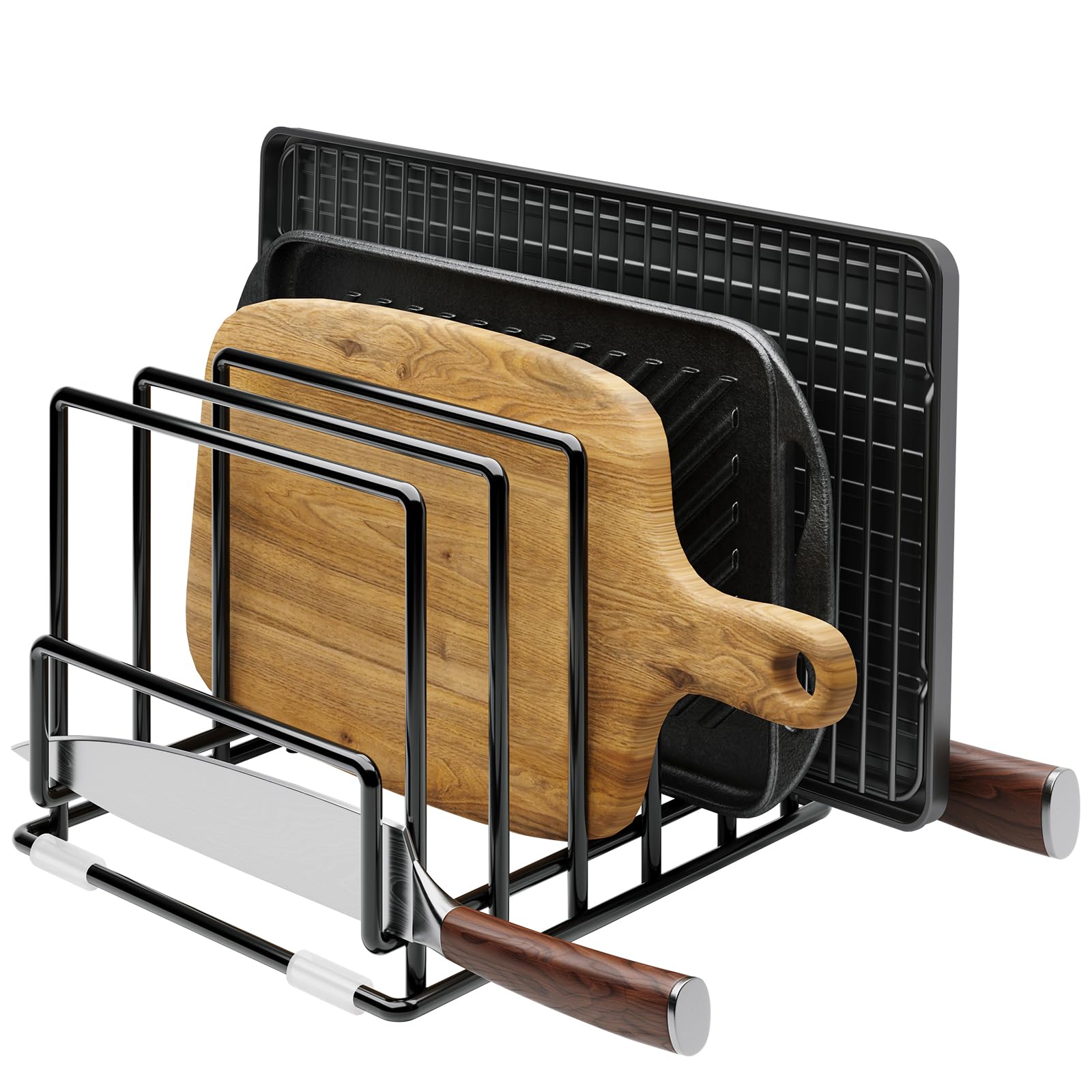 PMYEK cutting board organizer with seven compartments keeps boards neatly separated