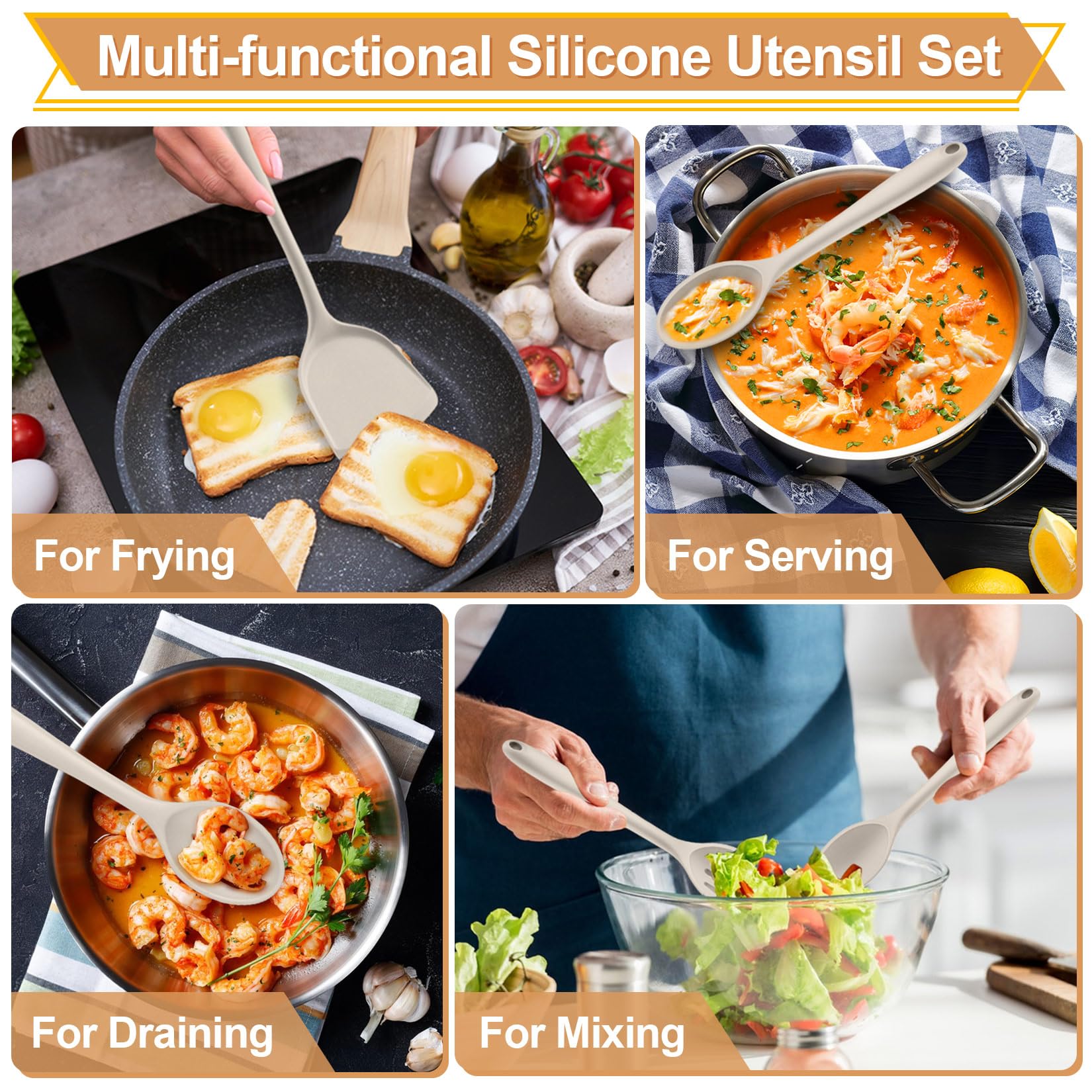 P&P CHEF khaki-color kitchen tools blend with any decor.