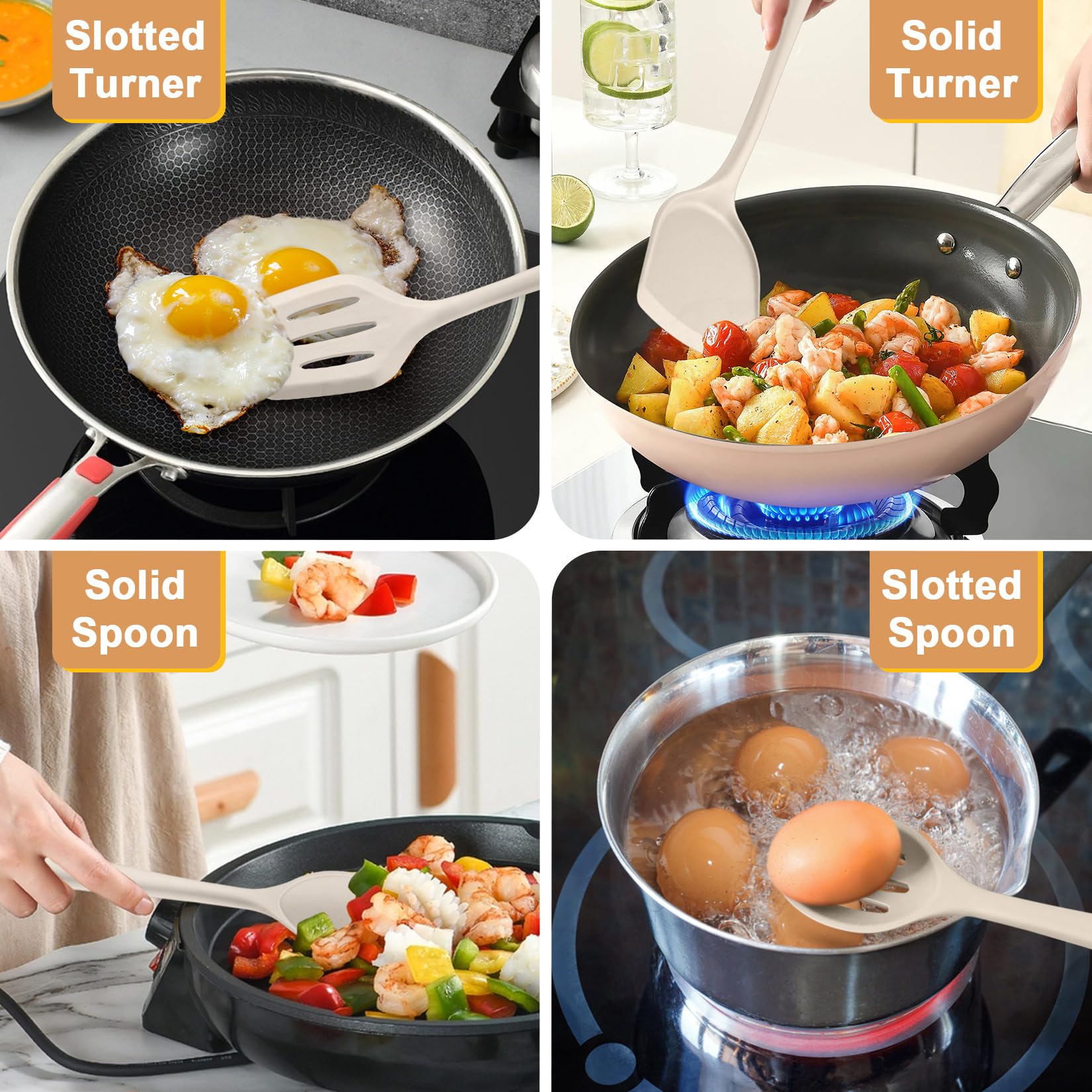 P&P CHEF slotted-spoon drains sauces while serving.