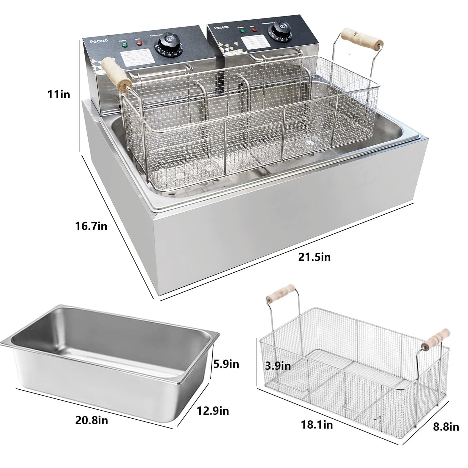 Pocezo fryer basket in draining position to remove excess oil easily.