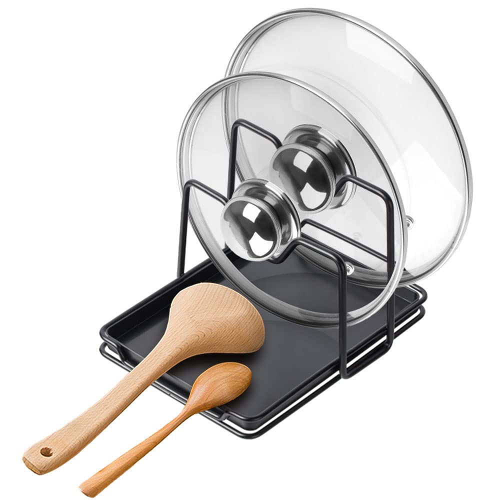 Poeland pot lid holder 2 layers keeps lids upright and organized on the counter.