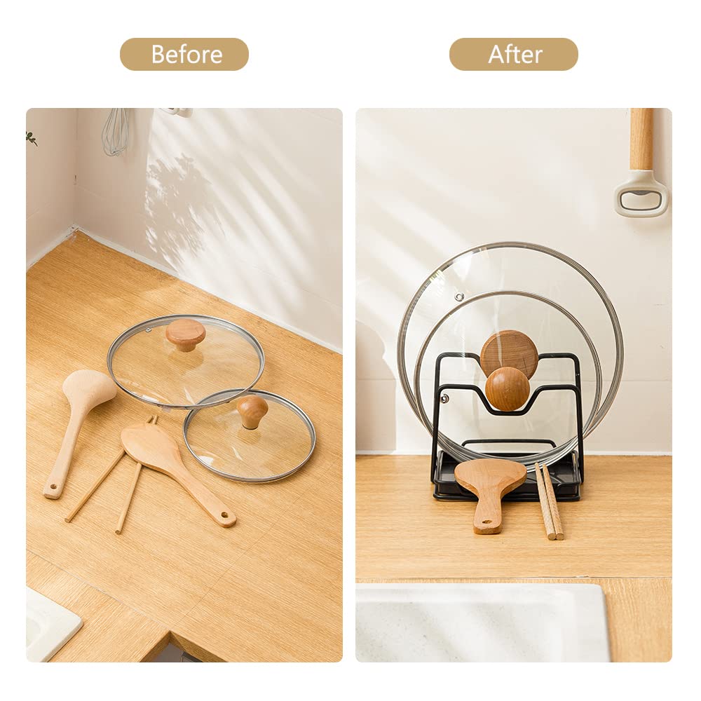 Poeland multi-use rack stores pots lids and utensils at a space-saving height.
