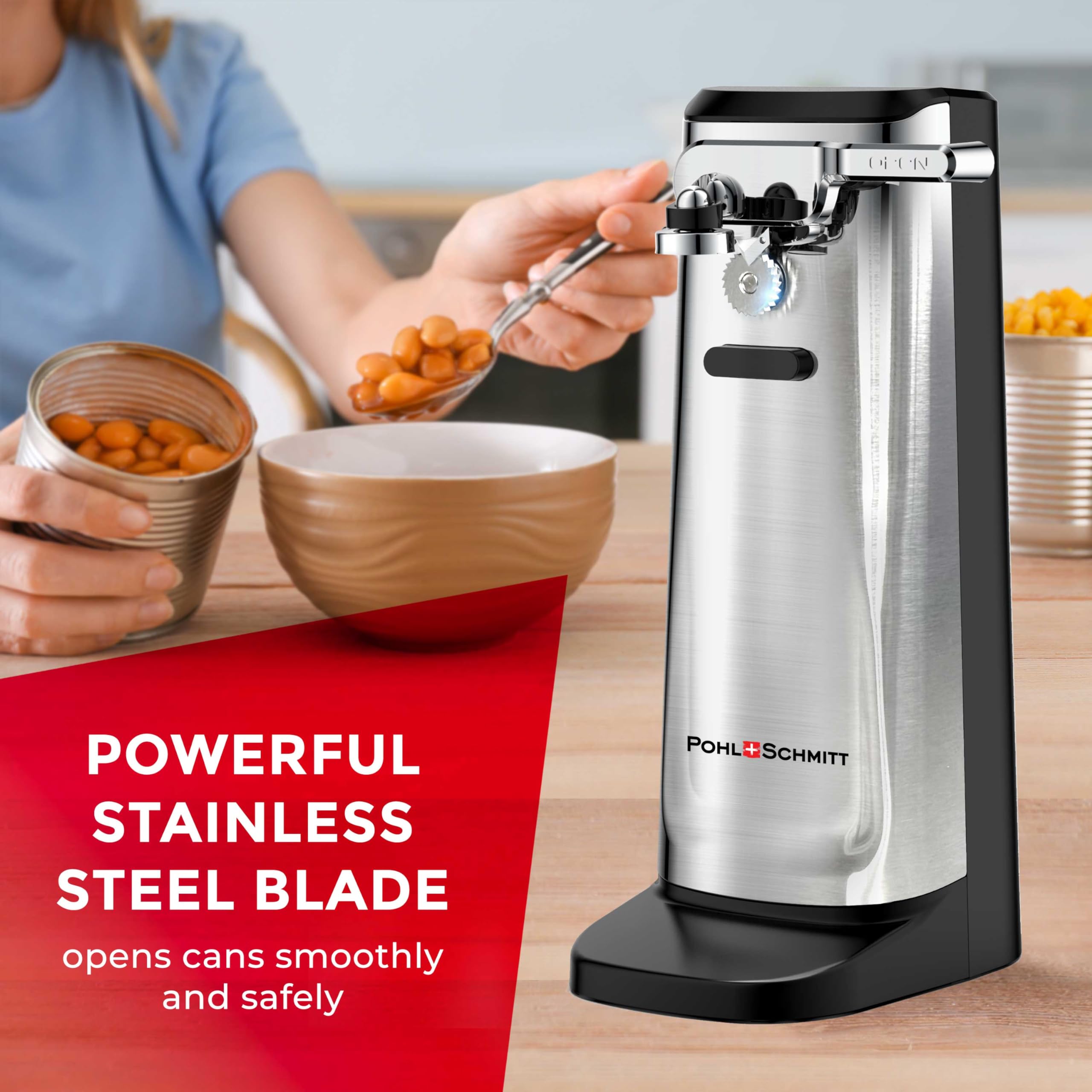 POHL SCHMITT electric can opener magnet lid ensures safe lid disposal after cutting.