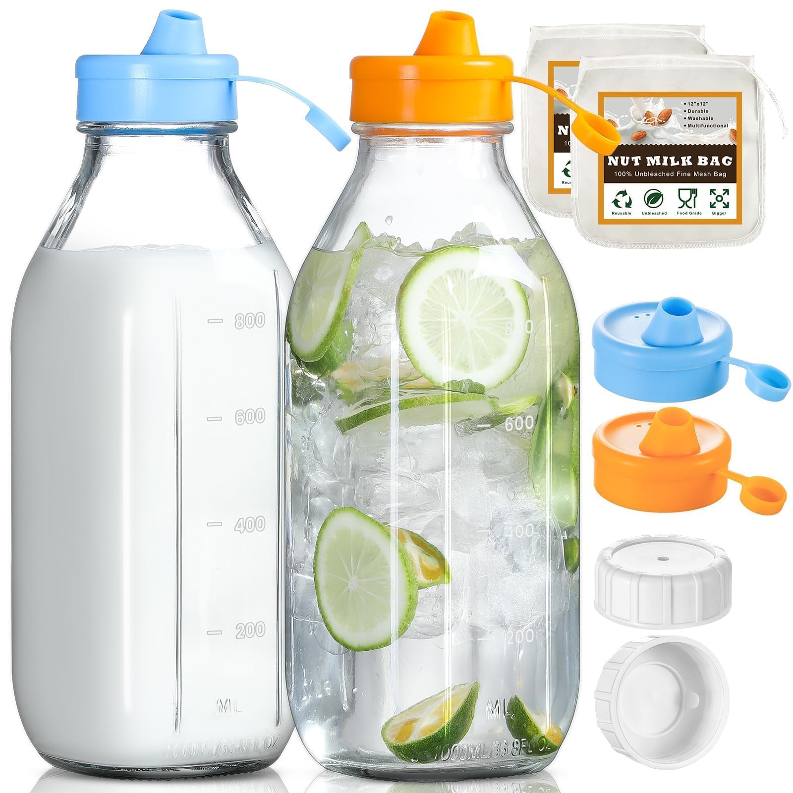 POIKSHARK 2-pack 32oz glass bottles for clutter-free fridge storage.