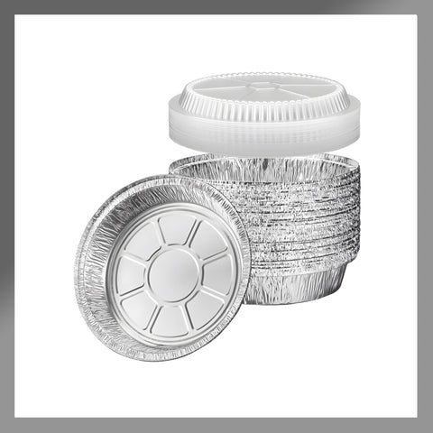 Pokanic 6-inch round foil pan with clear dome lid for easy viewing and moisture retention.