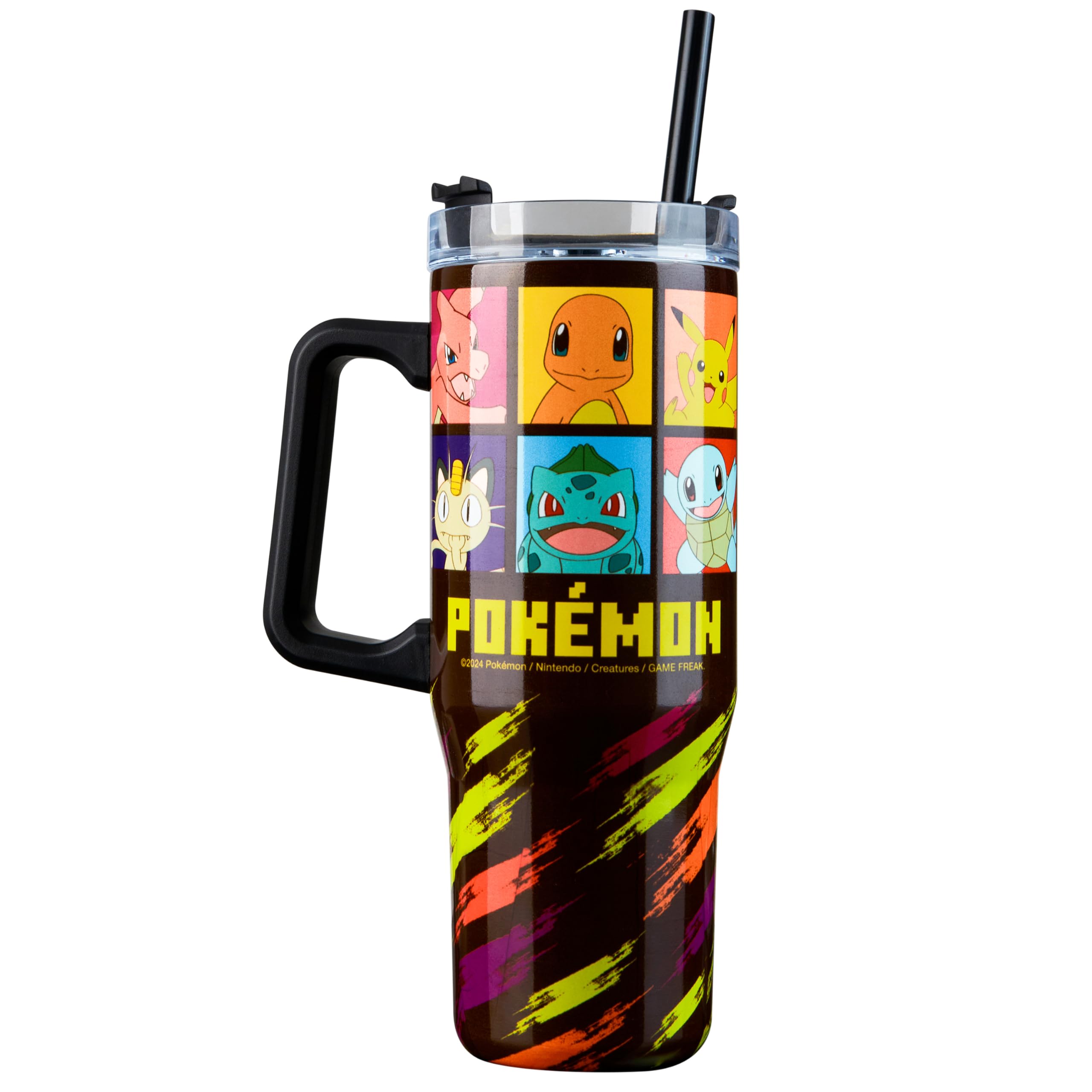 Pokemon insulated tumbler 33oz front view with sturdy handle for on-the-go hydration