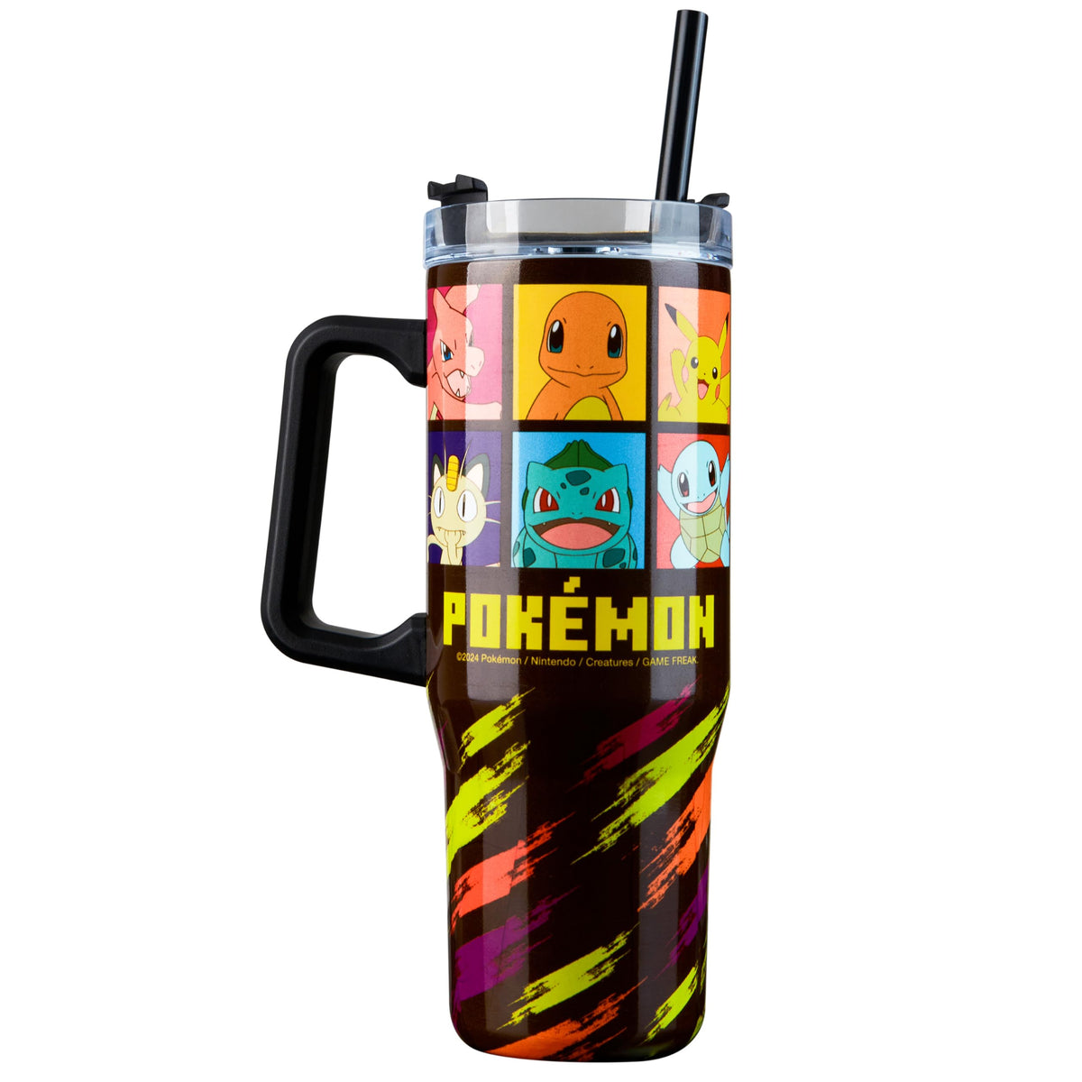 Pokemon insulated tumbler 33oz front view with sturdy handle for on-the-go hydration