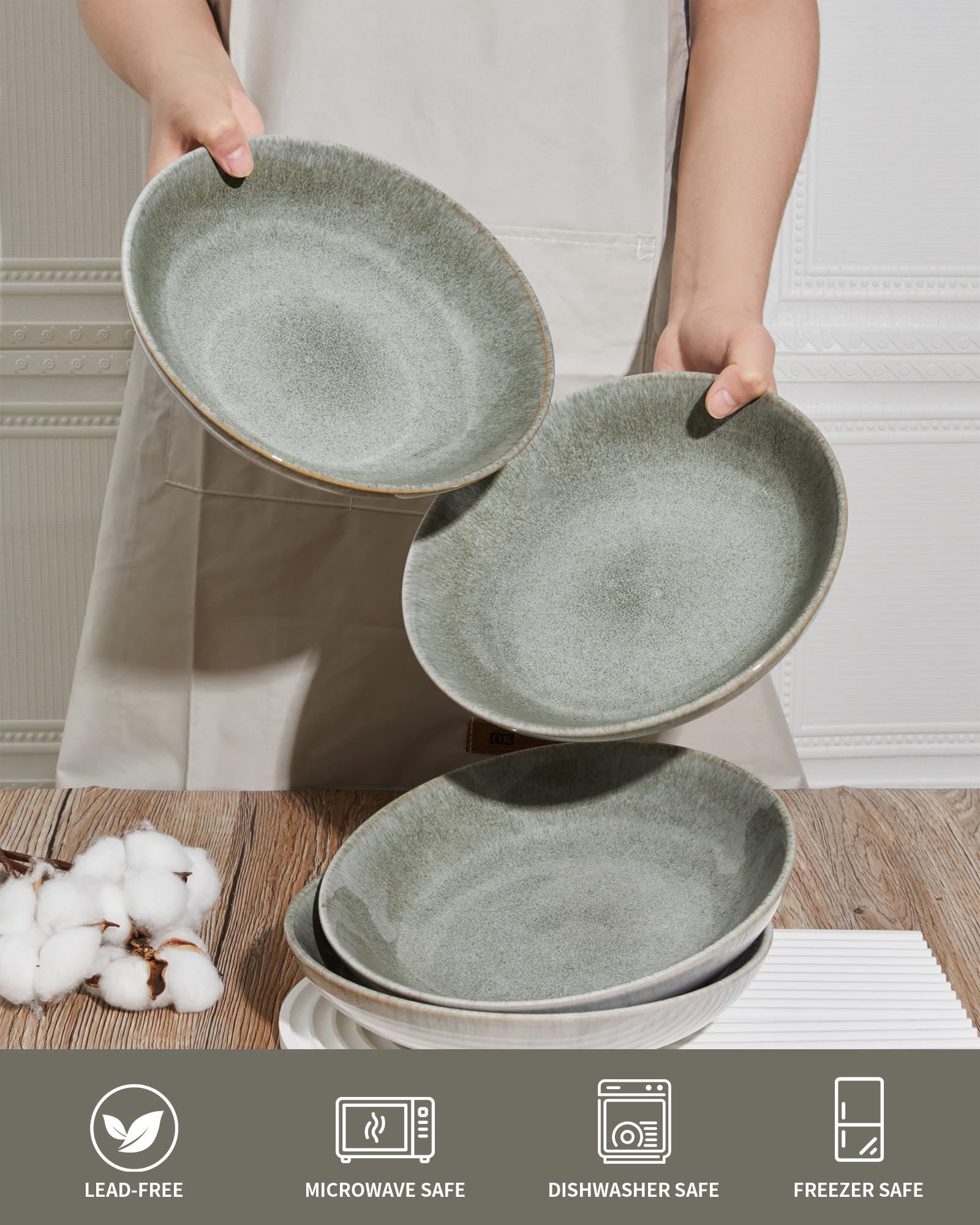 Pokini bowls with reactive glaze, vibrant table presence.