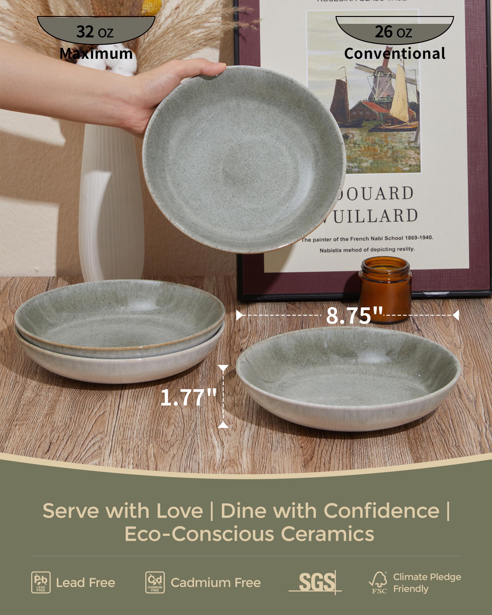 Pokini pasta bowls stacked in gradient green, space-saving design.