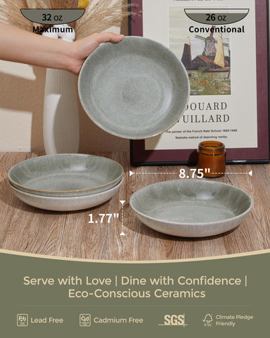 Pokini pasta bowls stacked in gradient green, space-saving design.