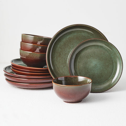 Pokini stoneware dinnerware service for four with plates and bowls for everyday dining.