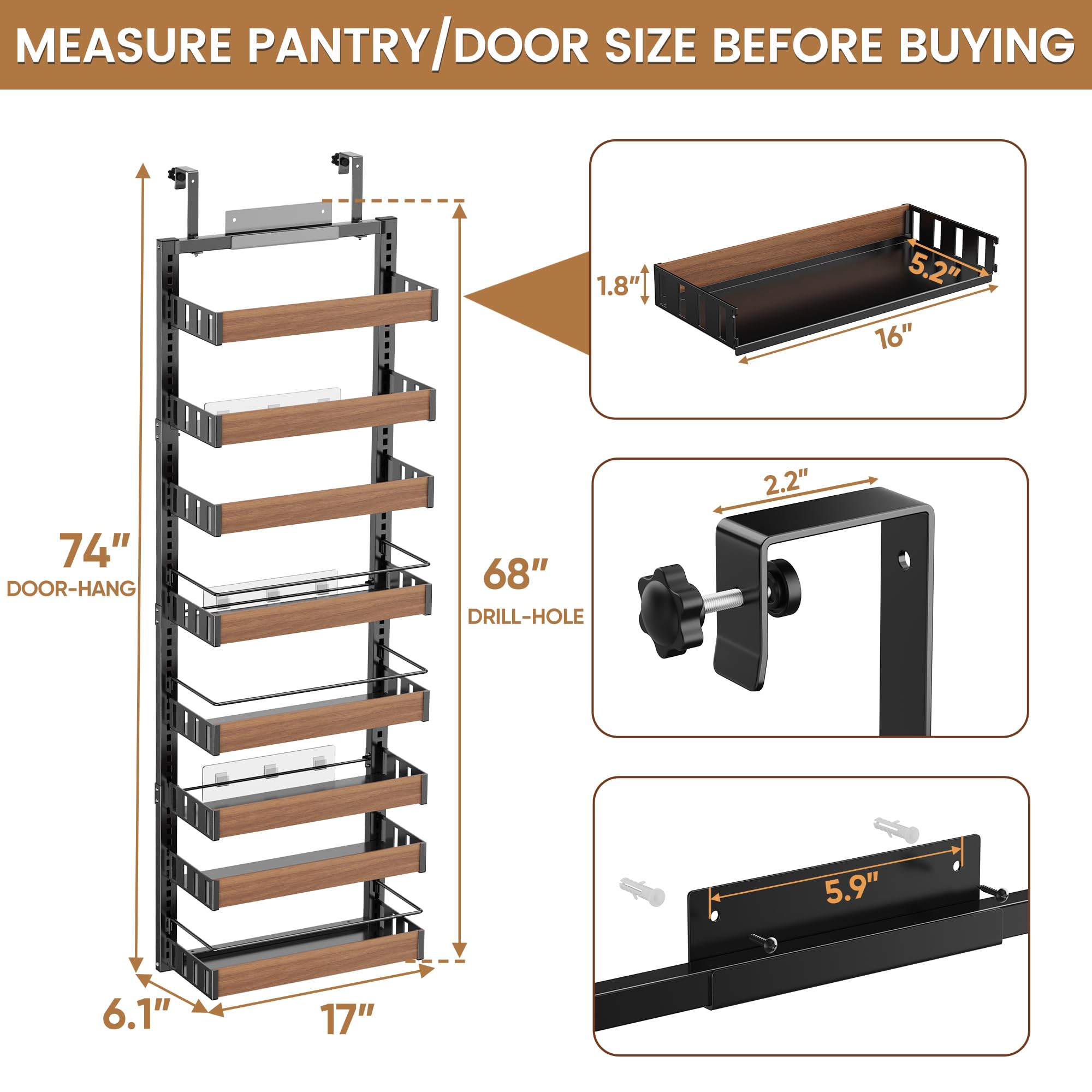 Pokipo 2-in-1 spice rack for wall or door mounting, flexible storage.