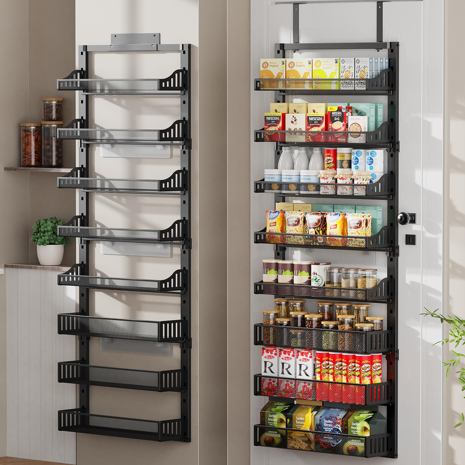 POKIPO 8-tier over-the-door organizer front view reveals ample space for spices and snacks.