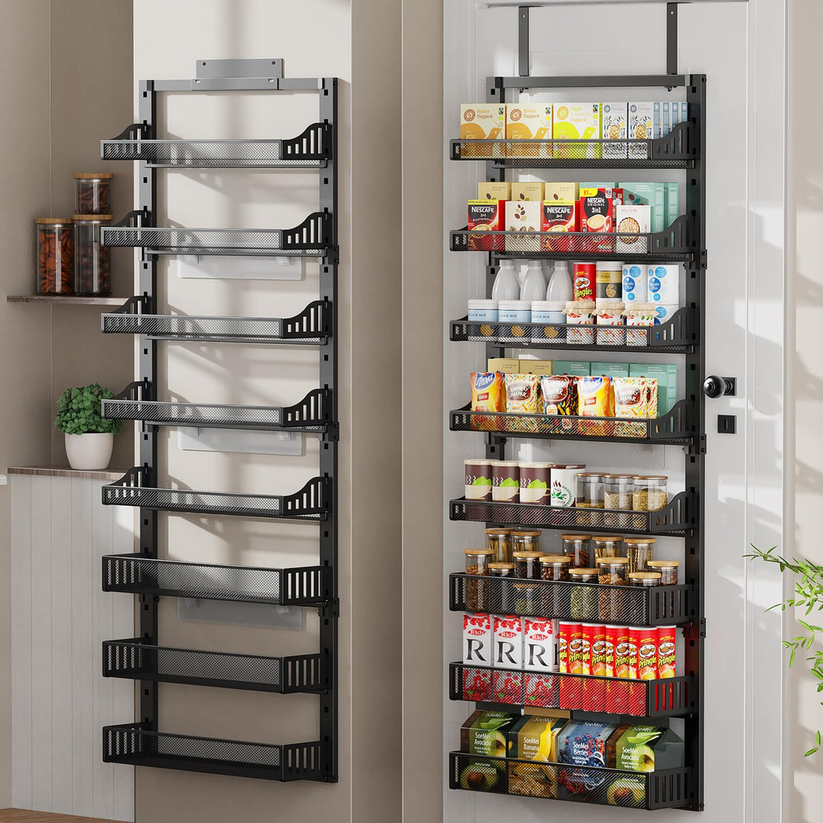POKIPO 8-tier over-the-door organizer front view reveals ample space for spices and snacks.