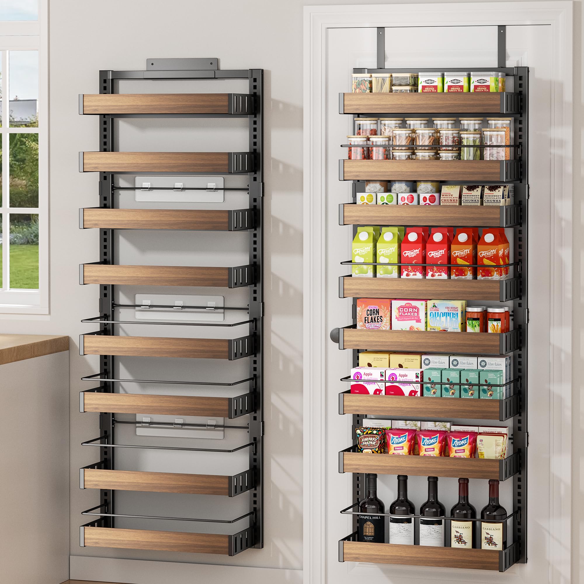 Pokipo 8-tier over-the-door organizer on door for convenient pantry storage.