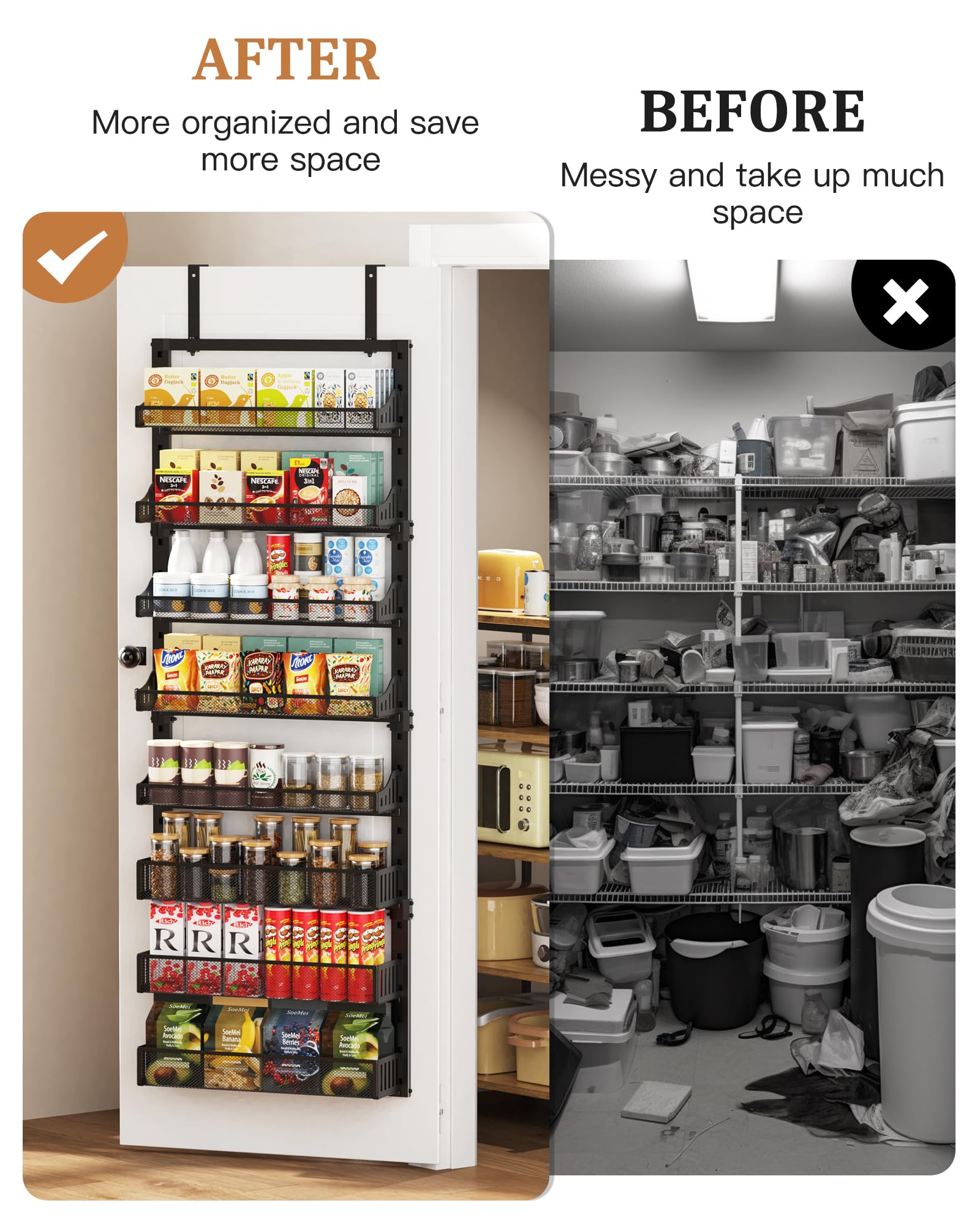 POKIPO 8-tier pantry organizer wall-mount option adds versatile storage in kitchen or bath.