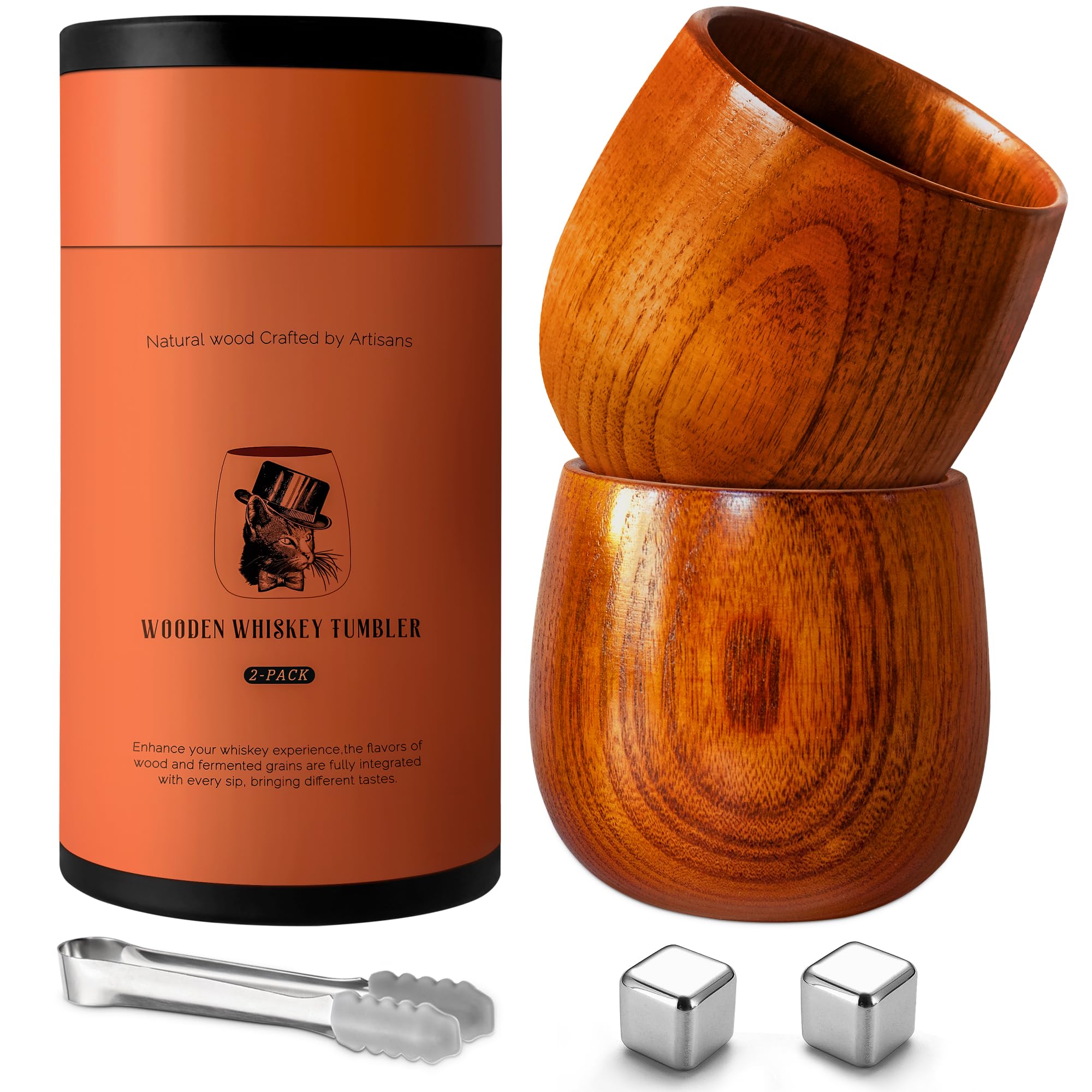 PokShow wooden bourbon glasses set-2, durable handcrafted tumblers highlighting rich notes.