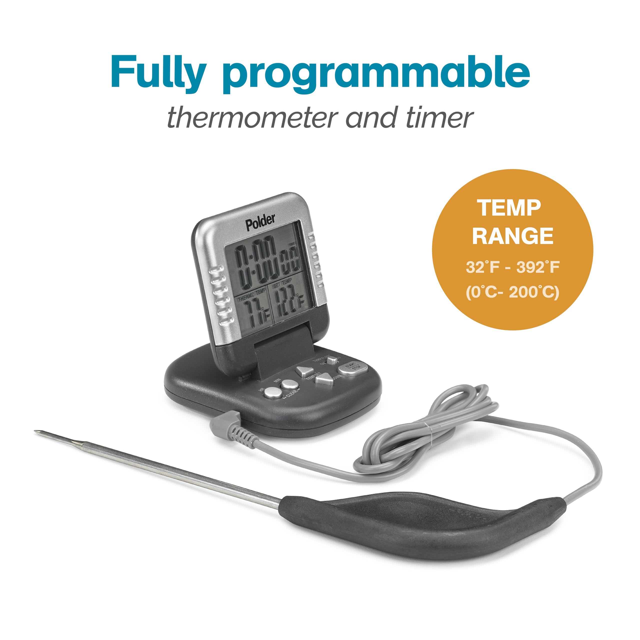 Polder Classic display clearly shows temperature and timer for easy monitoring.