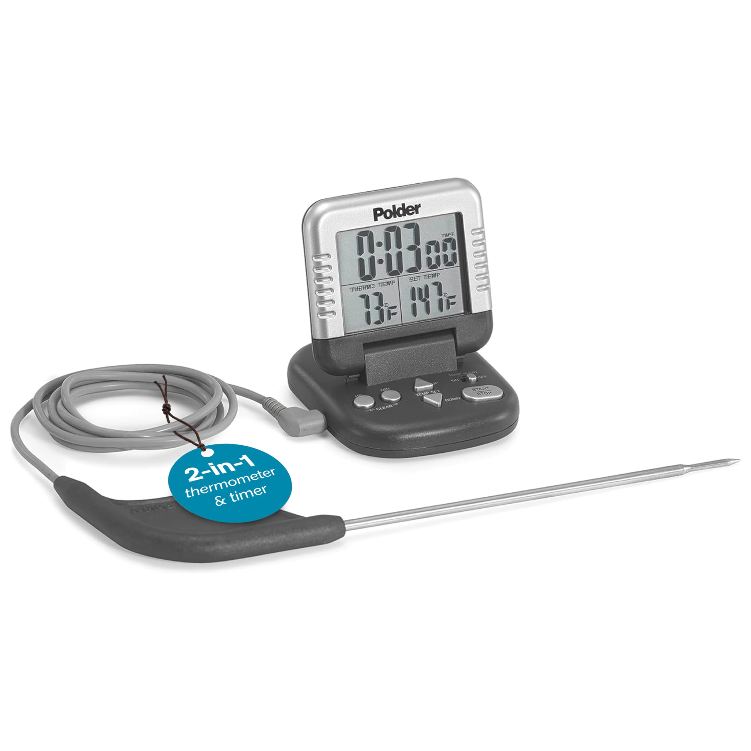 Polder Classic thermometer probe shows precise meat temperature for juicy results.