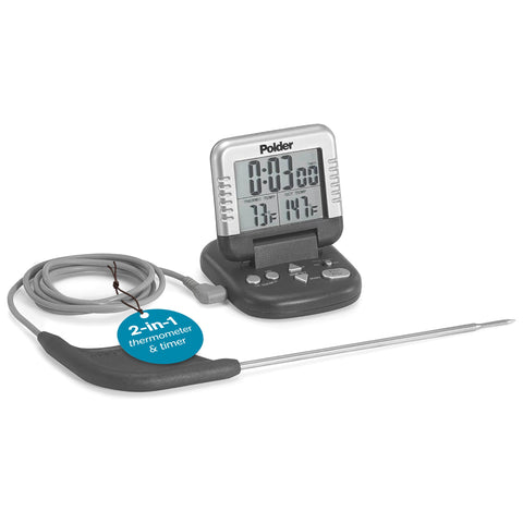Polder Classic thermometer probe shows precise meat temperature for juicy results.
