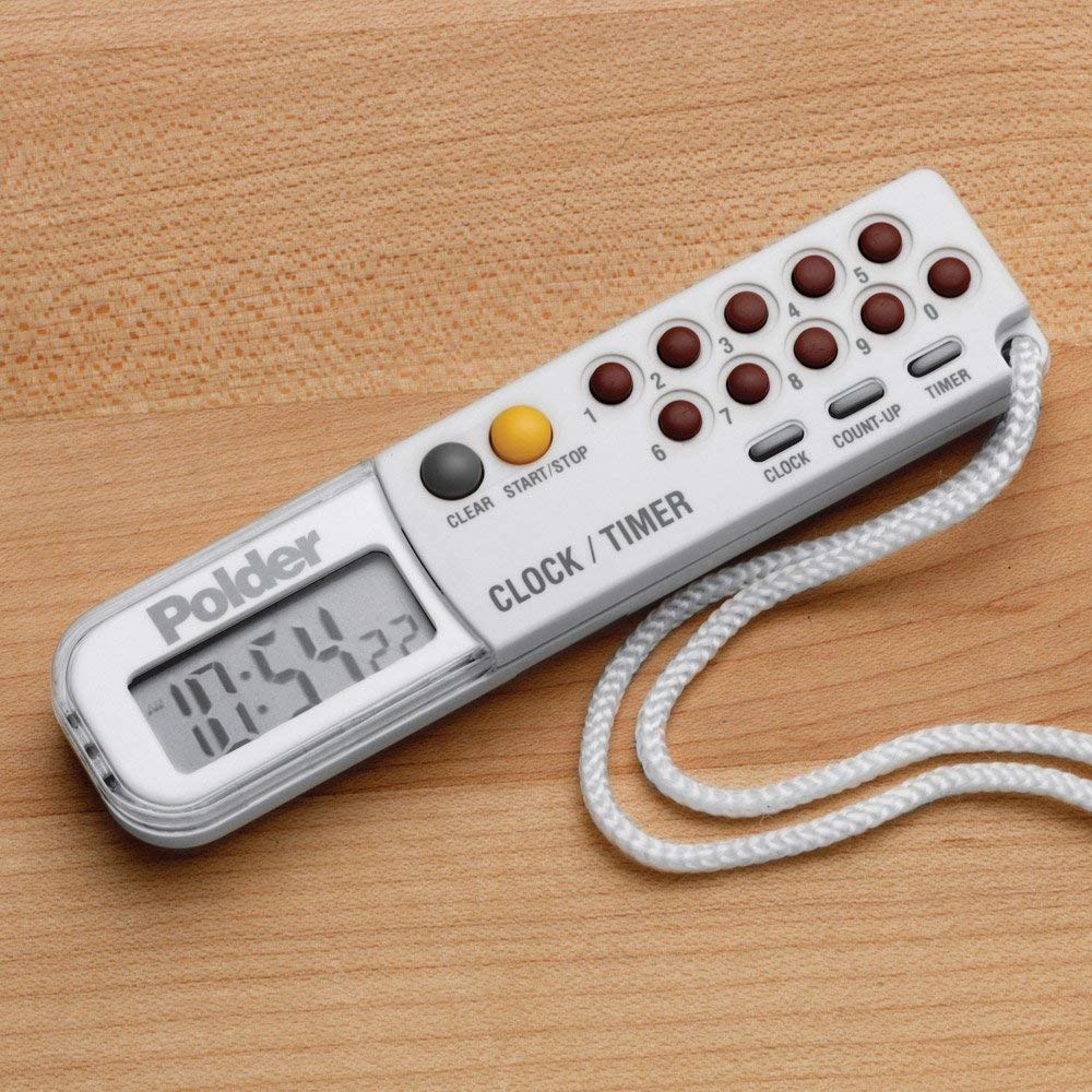 Polder clock with long lanyard for hands-free carrying.