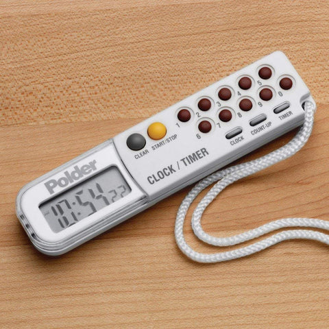 Polder clock with long lanyard for hands-free carrying.