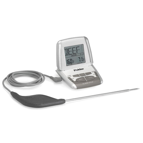 Polder Deluxe in-oven thermometer with ultra probe shows precise meat temps for consistent cooking.