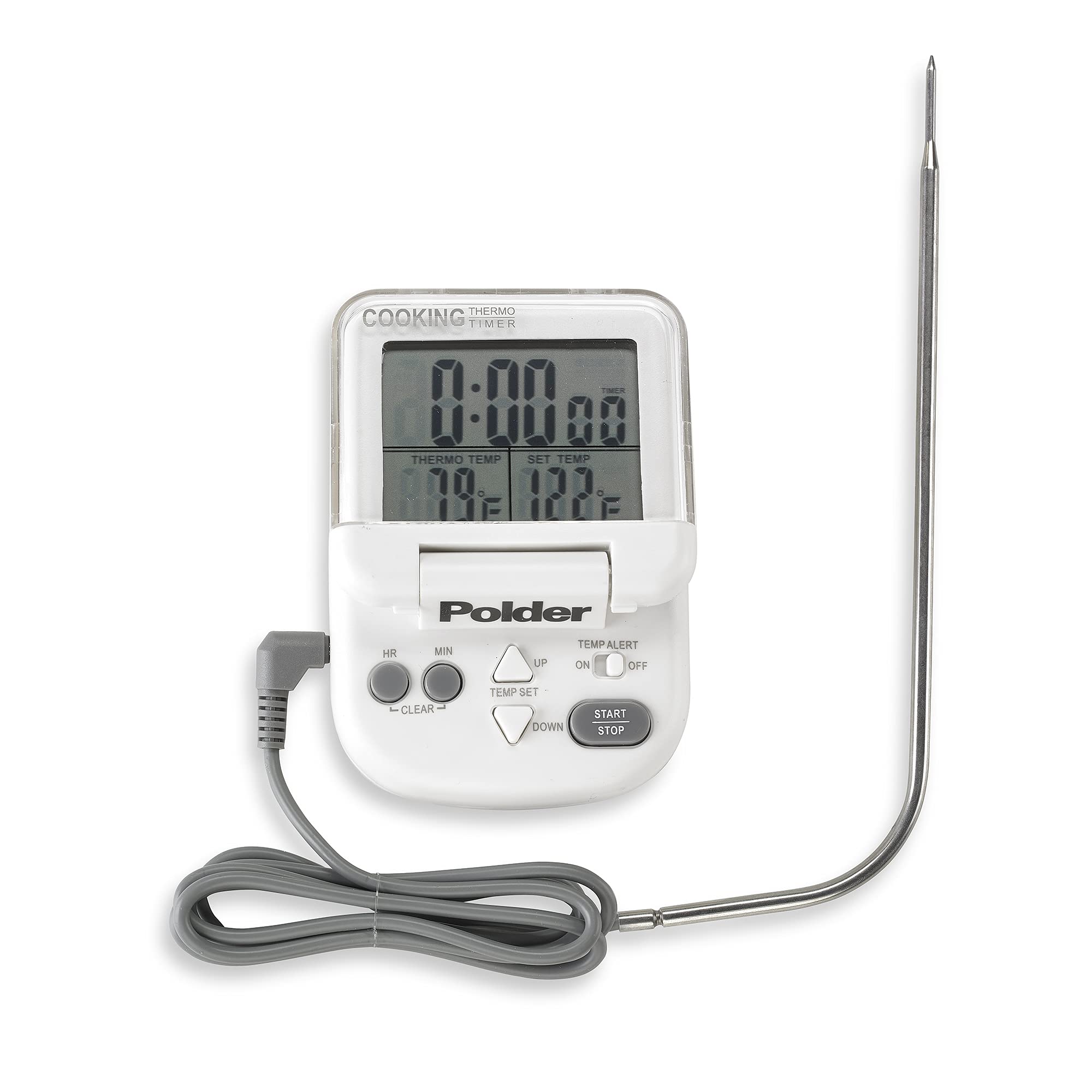 Polder digital in-oven thermometer timer shows alarm controls for hands-free cooking.