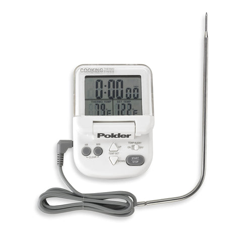 Polder digital in-oven thermometer timer shows alarm controls for hands-free cooking.