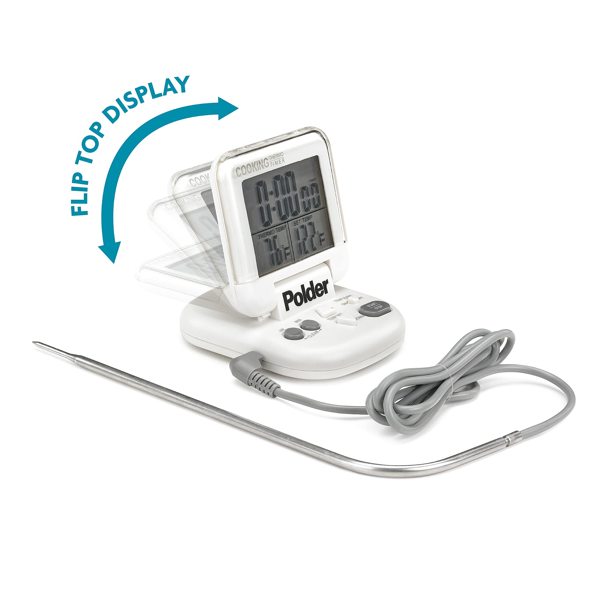 Polder thermometer wire extends to 43 inches for flexible placement in the oven.