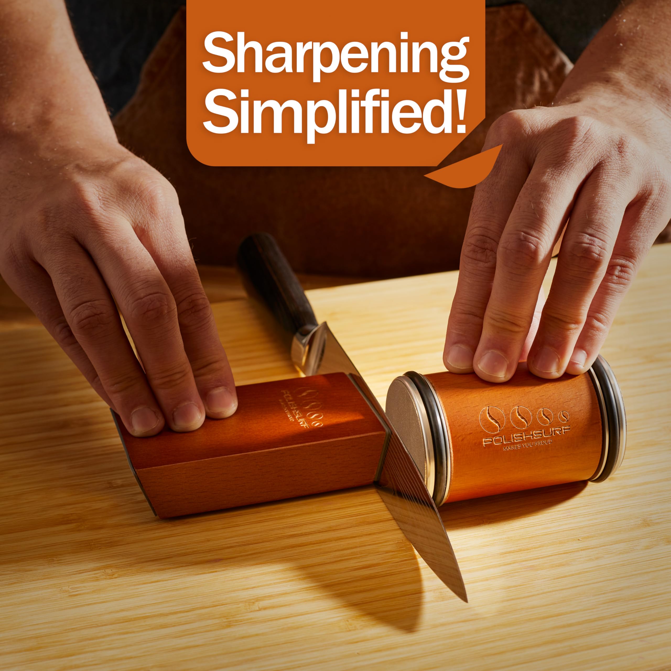 POLISHSURF magnetic angle base with two supports ensuring consistent sharpening angles.
