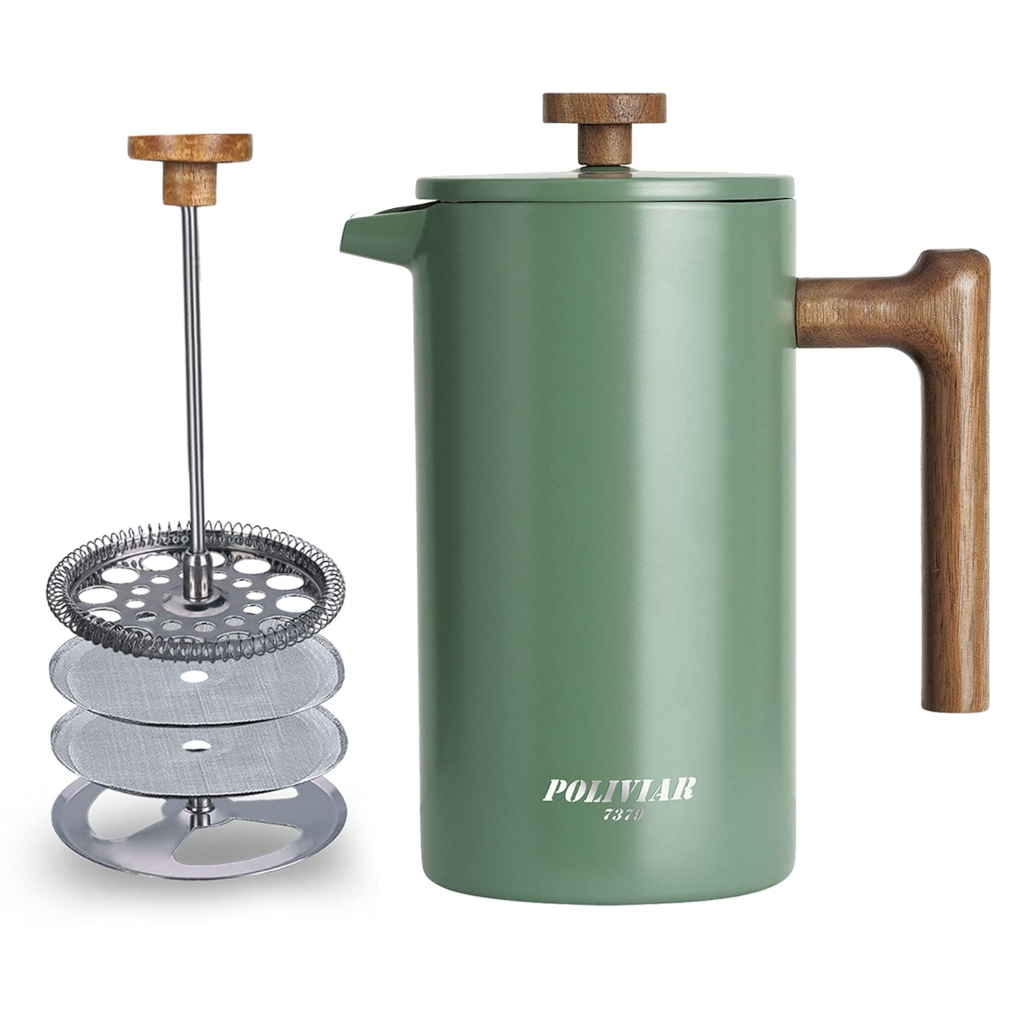 POLIVIAR French Press 34oz highlights a sleek stainless steel body for rich coffee.