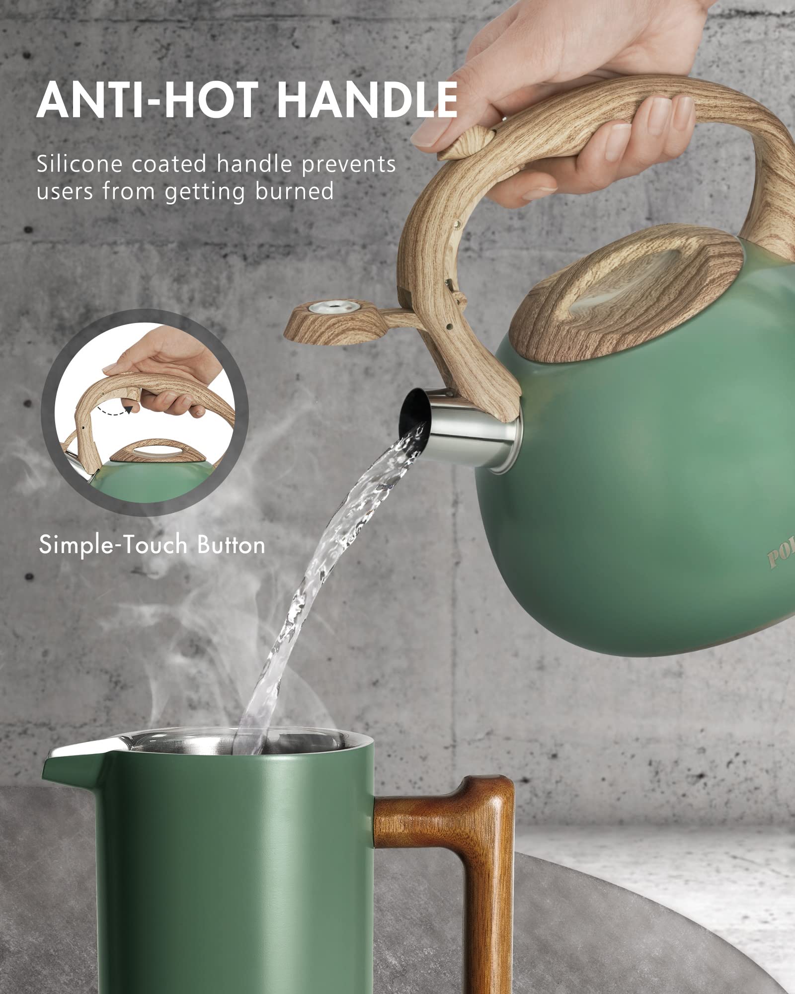 Silicone anti-hot handle for safe lifting and easy pouring.