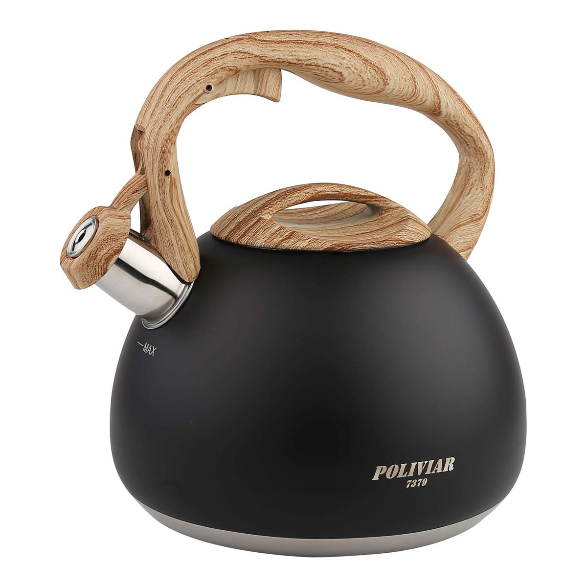 POLIVIAR tea kettle with black Ti finish and 2.7-quart capacity for efficient daily brewing.