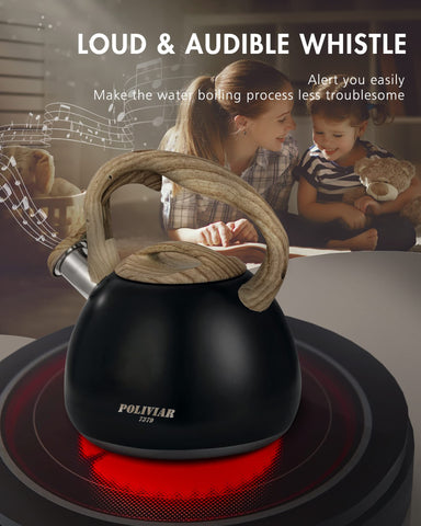 POLIVIAR kettle with silicone-coated handle stays cool for safe pouring.
