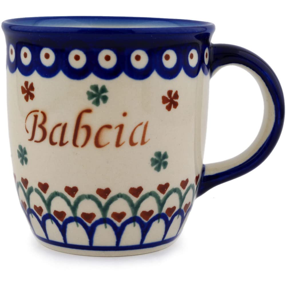 Polmedia Polish Pottery Babcia mug with hearts and flowers pattern, ideal for cozy mornings.