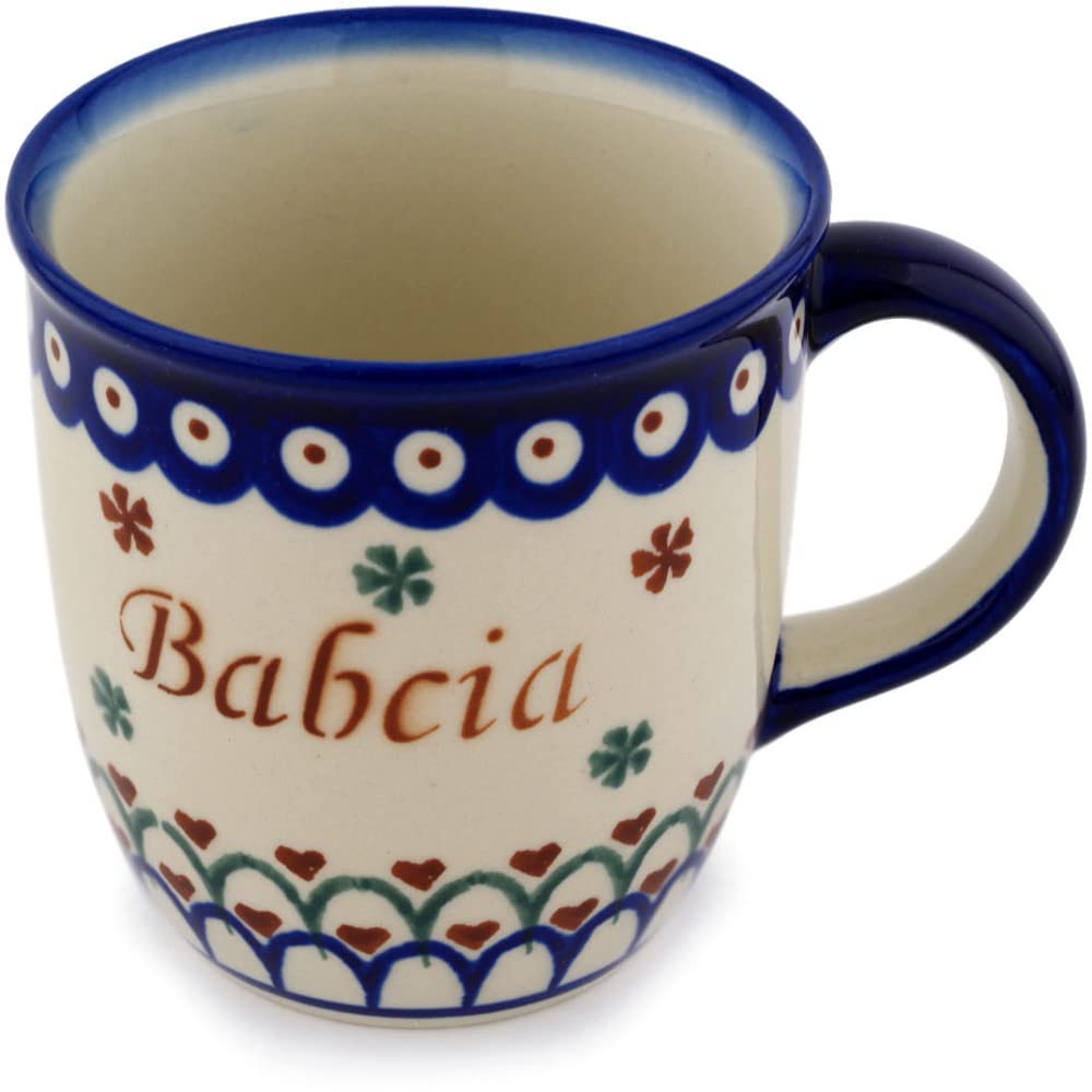 Hand-painted Babcia design on 11 oz mug, safe for microwaves and dishwashers.
