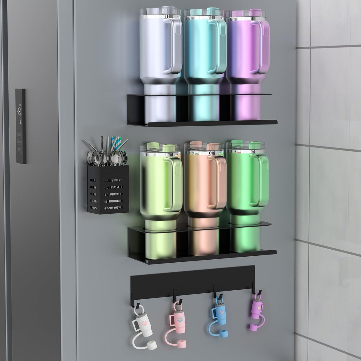POLRAI Stanley cup organizer on fridge front view with secure magnetic hold for stable storage.